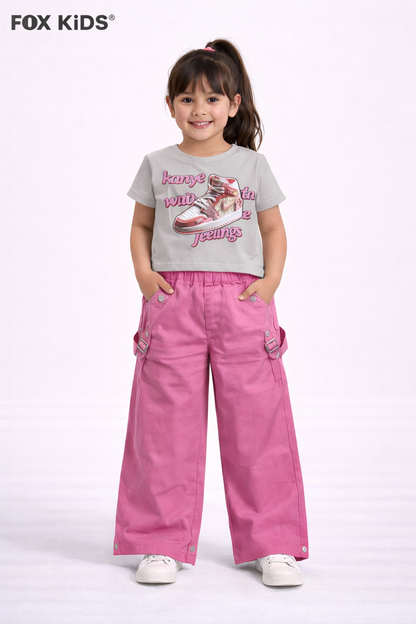 Pink girls' cotton pants from Fox Kids with elastic waistband and comfortable fit, ideal for casual wear.