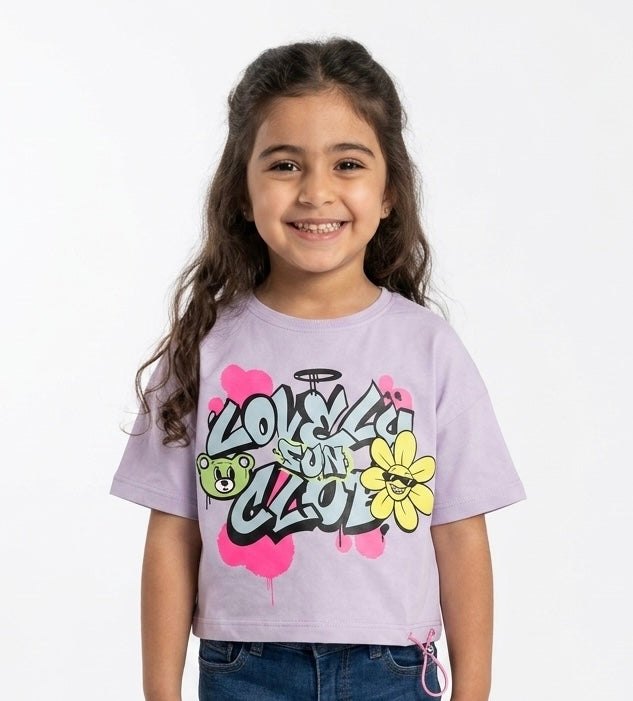 Pink girls' T-shirt by Fox Kids featuring playful graphic print, soft fabric, and comfortable fit for everyday wear.