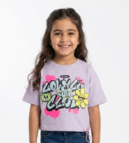 Pink girls' T-shirt by Fox Kids featuring playful graphic print, soft fabric, and comfortable fit for everyday wear.