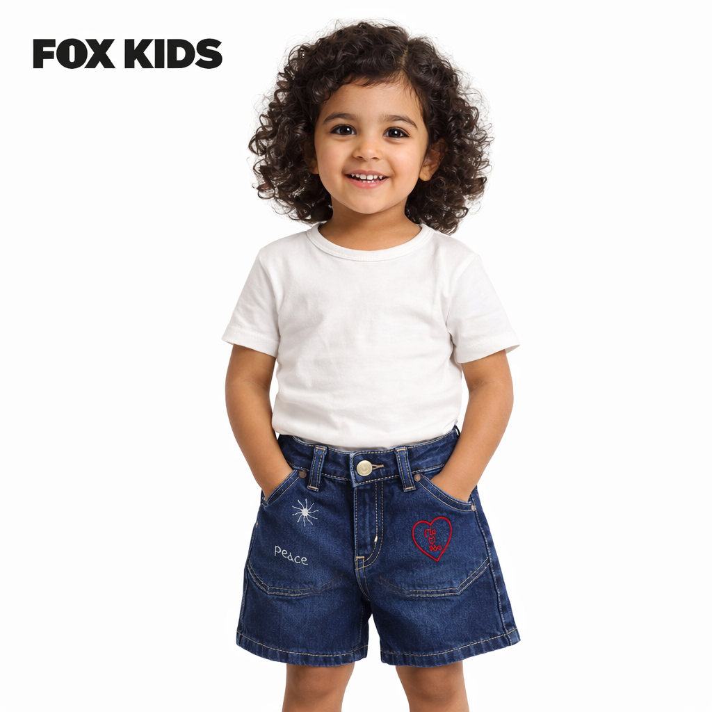 Girls' denim shorts by Fox Kids, stylish and comfortable blue jeans shorts for children, shown flat with belt loops and stitching details.
