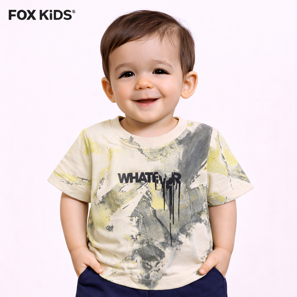 Bright yellow Fox Kids baby T-shirt with playful print, soft cotton fabric, and round neckline for comfortable toddler wear.