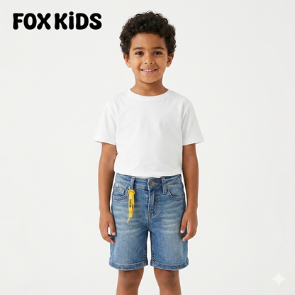 Children's denim shorts by Fox Kids, featuring a classic blue jean style with front pockets and adjustable waistband.