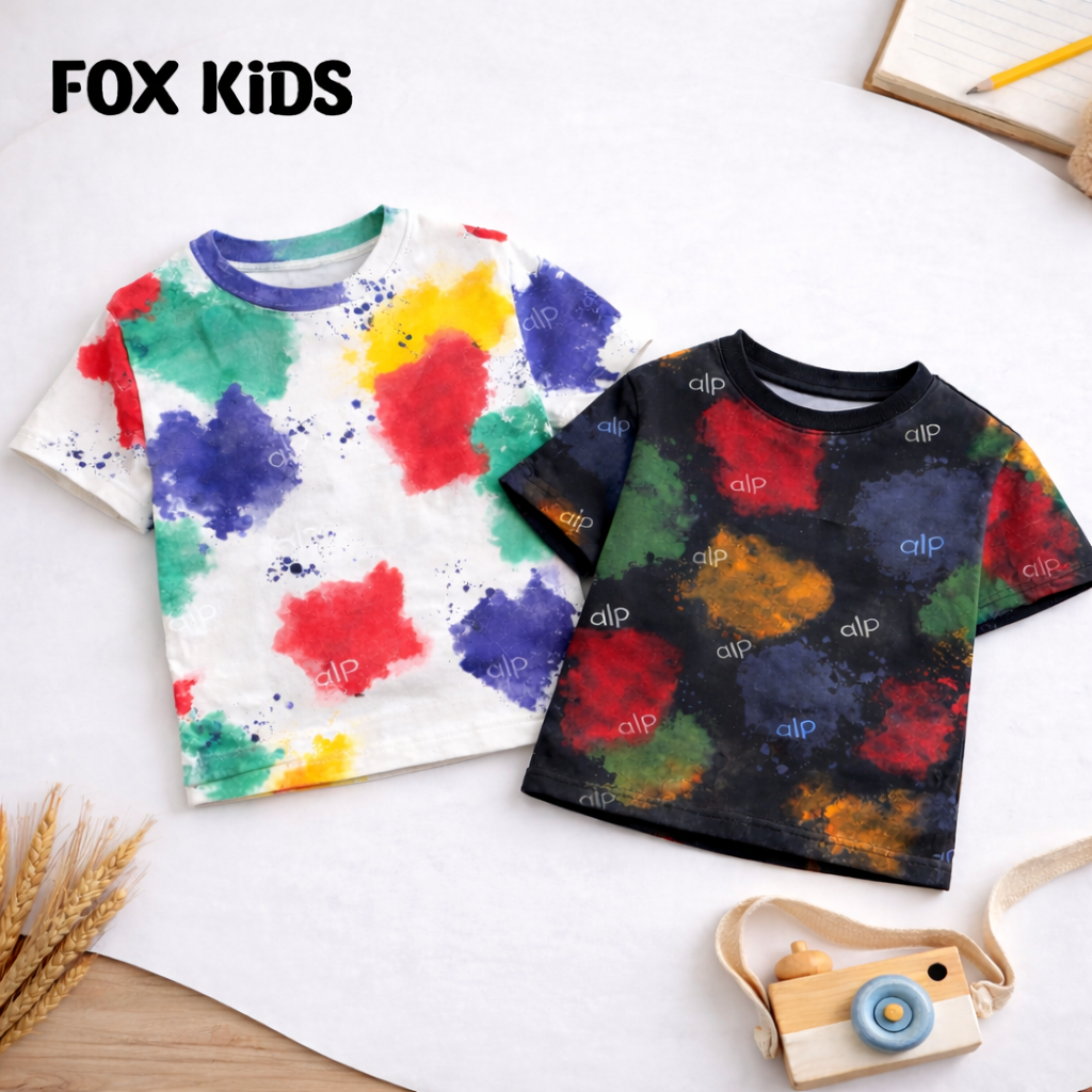 Bright blue kids' T-shirt from Fox Kids with colorful graphic print, short sleeves, and comfortable cotton fabric.