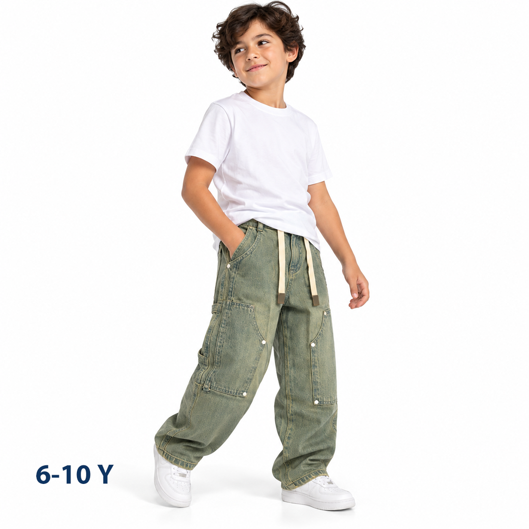 Wide-Leg Double-Knee Cargo Jeans with Drawstring