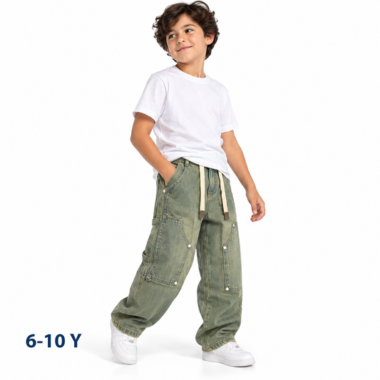 Wide-Leg Double-Knee Cargo Jeans with Drawstring