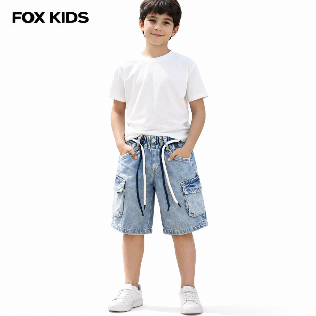 Blue kids' denim shorts from Fox Kids, featuring a casual fit and classic jean style, suitable for boys.