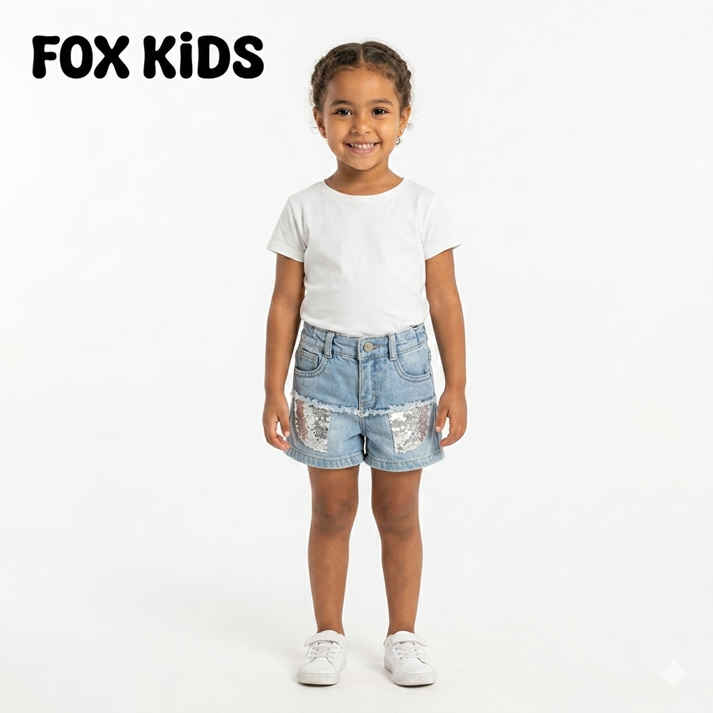 Girls' denim shorts by Fox Kids, showing a stylish blue denim design with pockets and adjustable waistband on a white background.