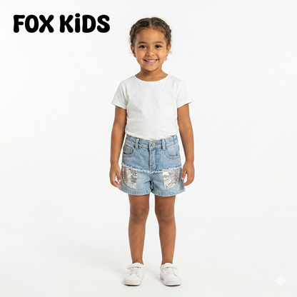 Girls' denim shorts by Fox Kids, showing a stylish blue denim design with pockets and adjustable waistband on a white background.