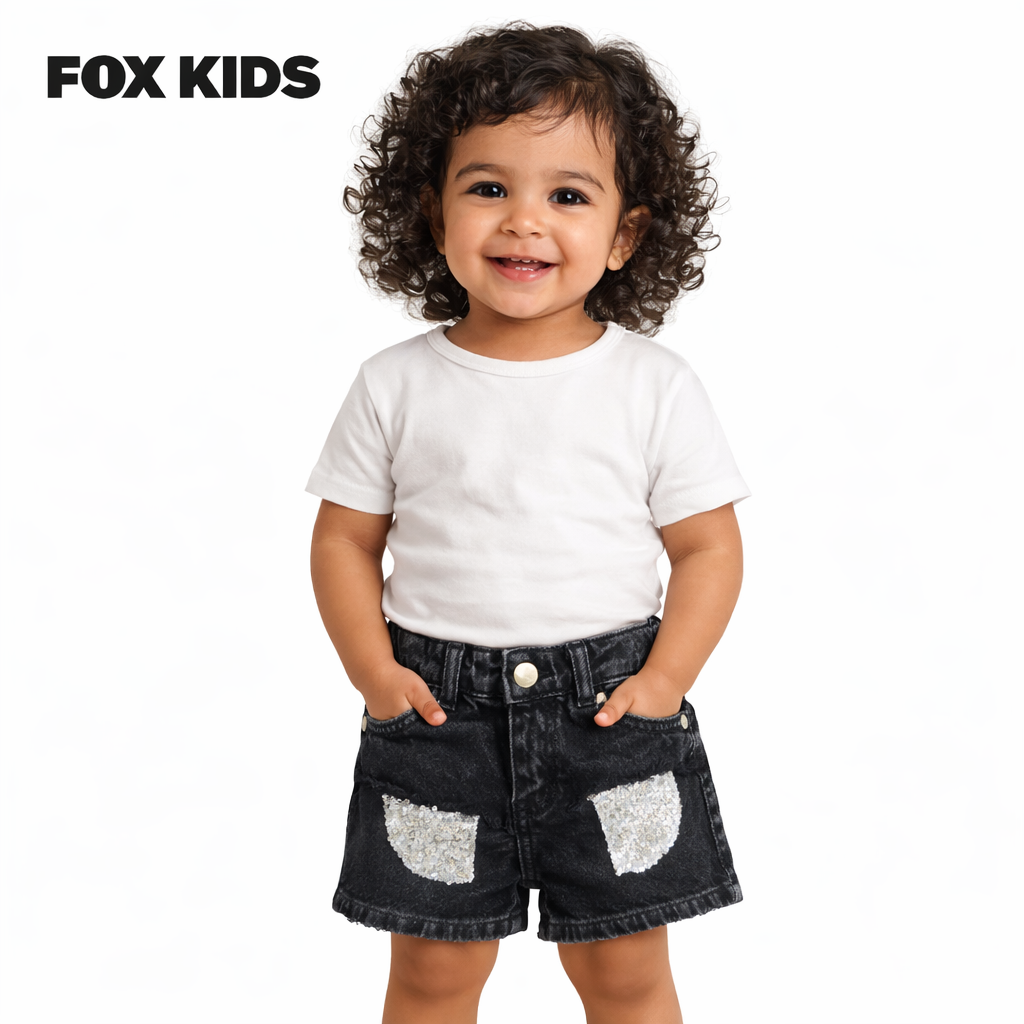 Cute girls' denim shorts by Fox Kids with a classic blue wash and comfortable fit, perfect for casual summer wear.
