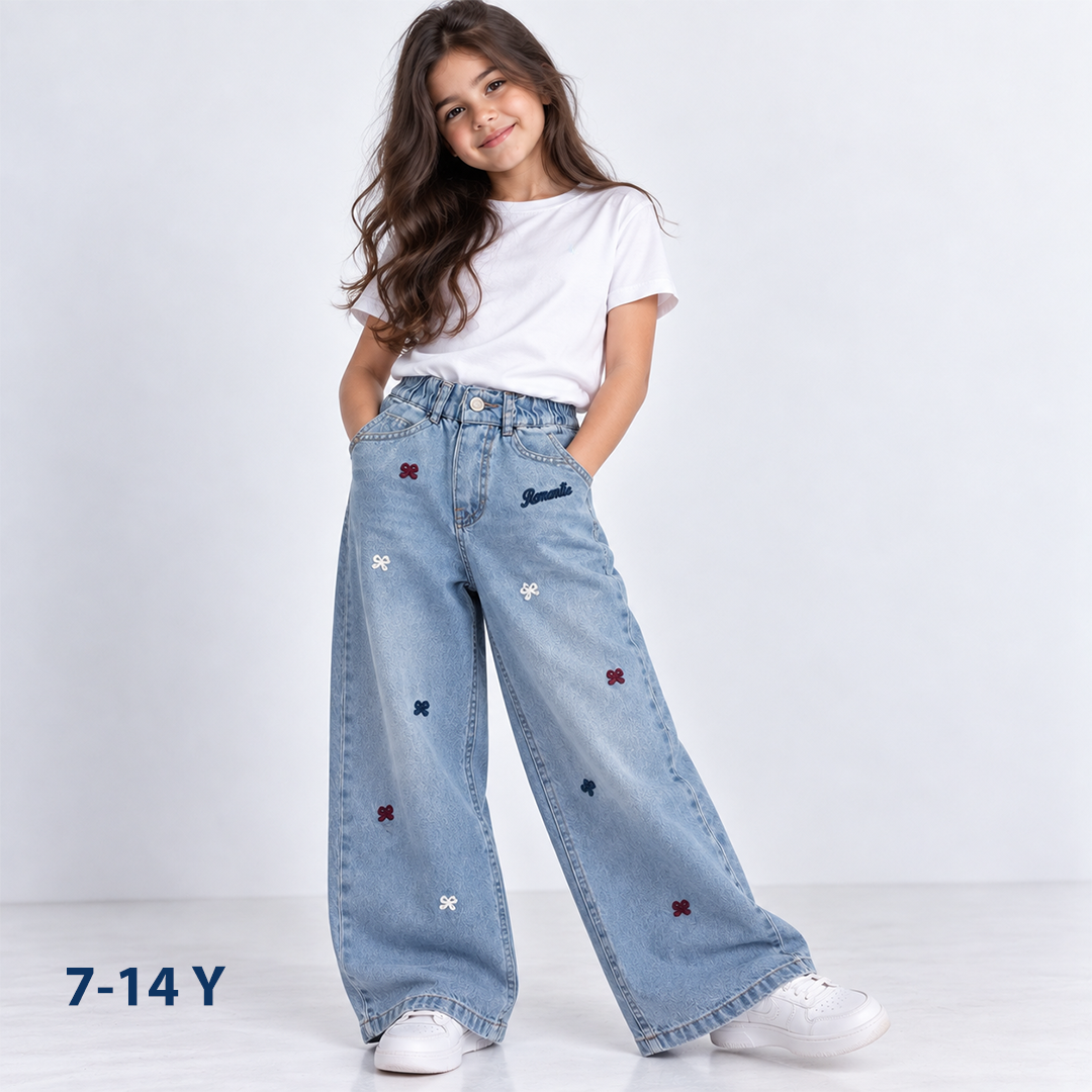 Girls' Embroidered Wide-Leg Jeans
