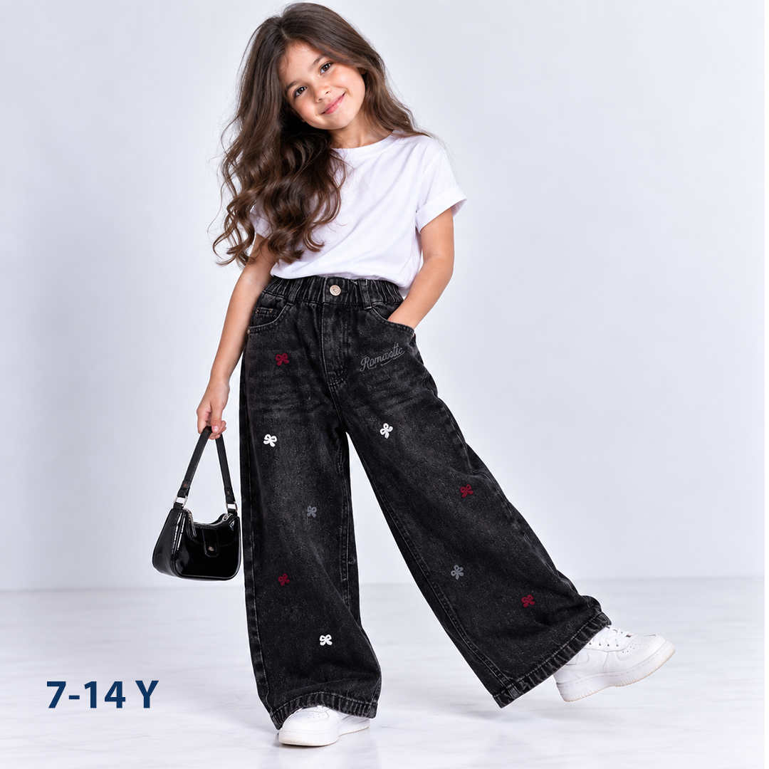 Girls' Embroidered Wide-Leg Jeans