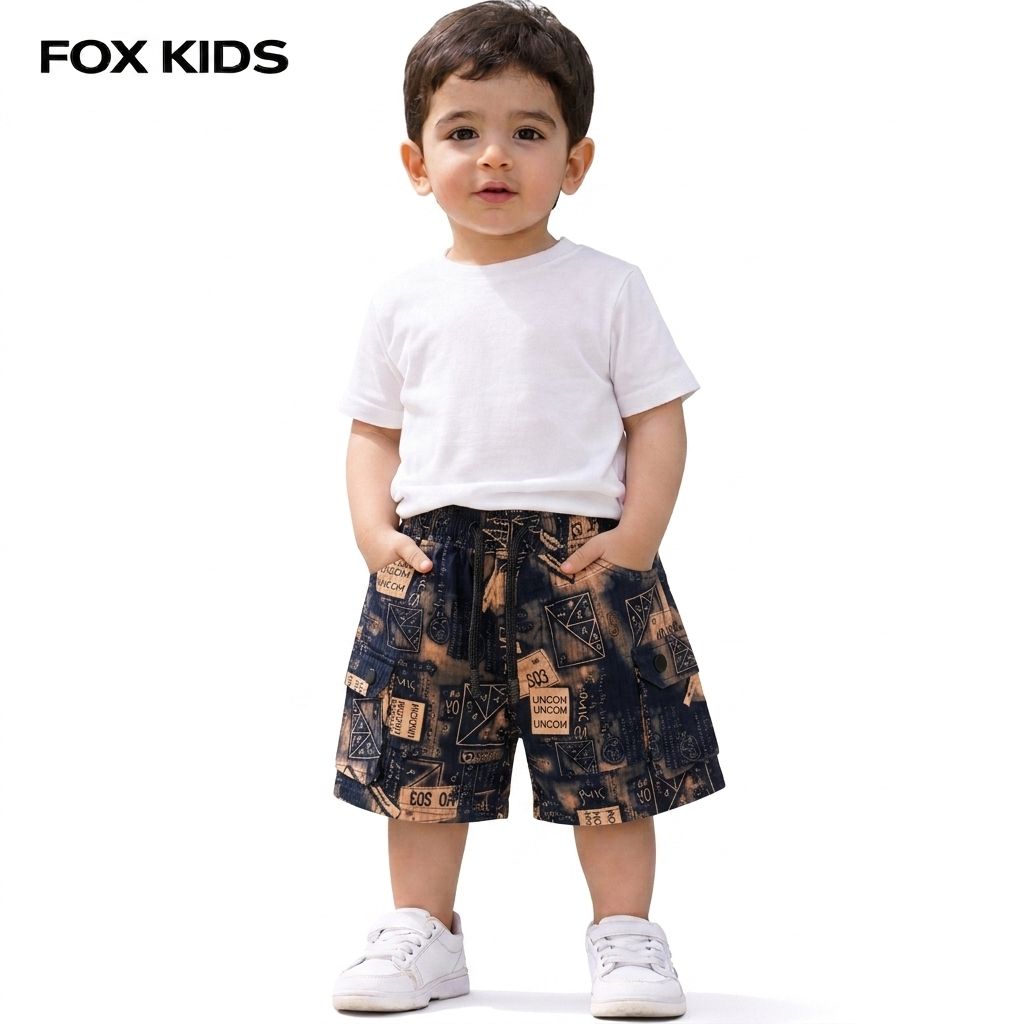 Baby boys' shorts by Fox Kids, soft fabric, light blue color, comfortable fit, shown on a child model.