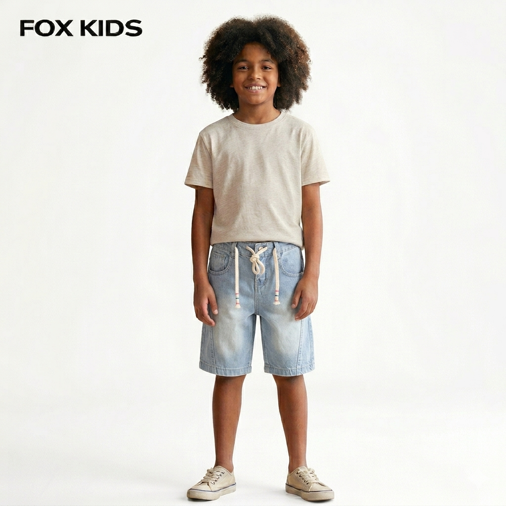Blue kids' denim shorts from Fox Kids with a casual fit, featuring front pockets and belt loops.