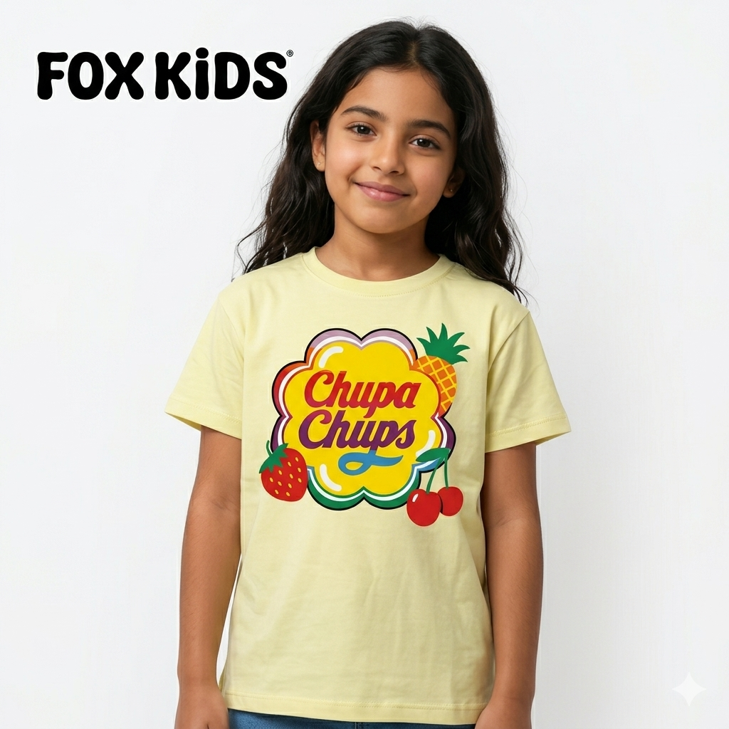 Pink girls' T-shirt by Fox Kids featuring a fun graphic design, made from soft cotton fabric for comfortable wear.