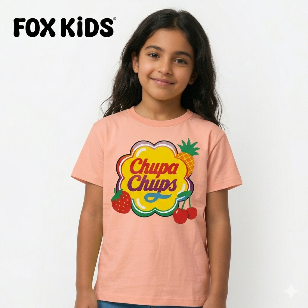 Pink girls' T-shirt from Fox Kids with playful graphic print, soft cotton fabric, and comfortable fit.