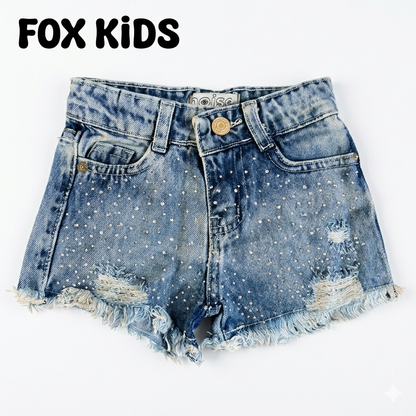 Kids' denim shorts by Fox Kids featuring a stylish design, perfect for girls, shown on a girl wearing casual summer clothing.