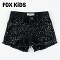 Blue girls' denim shorts by Fox Kids featuring a stylish distressed design and comfortable fit.