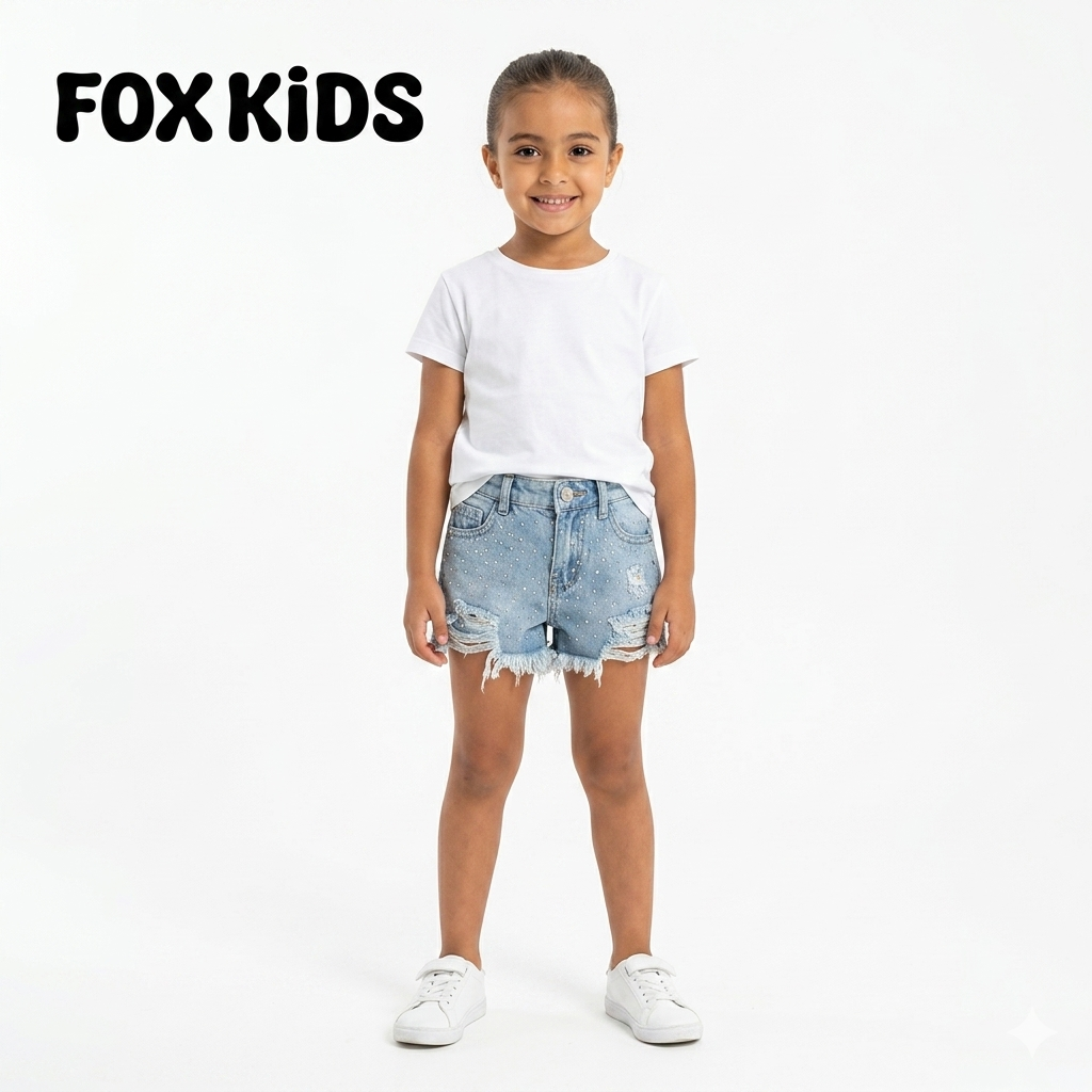 Girls' denim shorts by Fox Kids featuring a stylish distressed design and comfortable fit, perfect for casual wear.