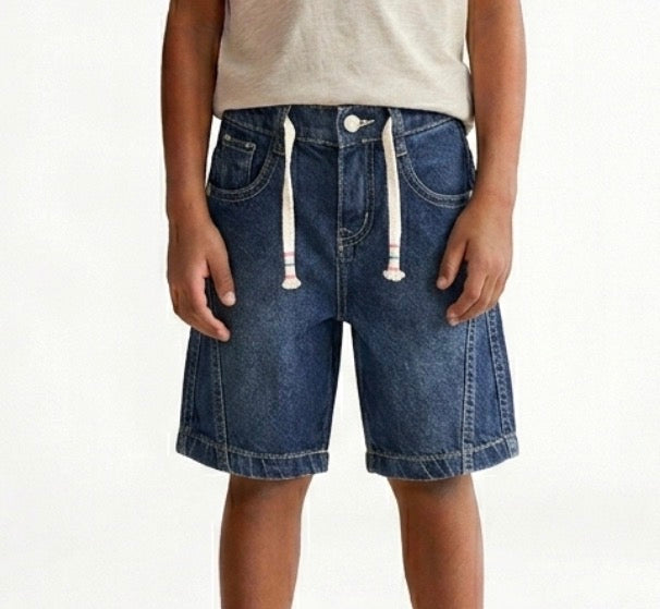Blue denim shorts for boys by Fox Kids, showing front view with pockets and adjustable waistband.