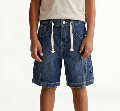 Blue denim shorts for boys by Fox Kids, showing front view with pockets and adjustable waistband.