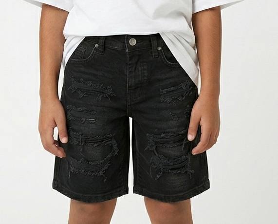 Children's denim shorts by Fox Kids, showing a stylish pair of boys' jeans shorts with pockets and rolled hems.