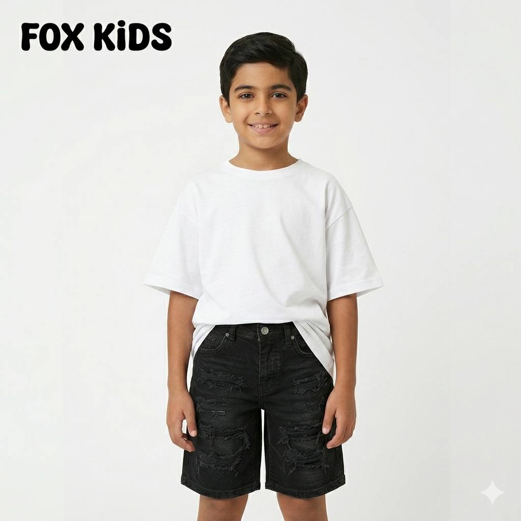Blue kids' denim shorts from Fox Kids, featuring a comfortable fit and classic design, displayed on a plain background.
