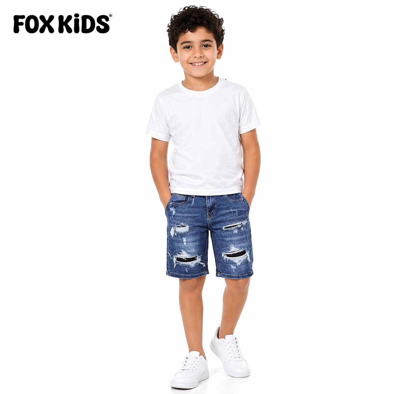 Kids' denim shorts by Fox Kids, featuring a classic blue jean design with pockets and adjustable waistband for comfortable fit.
