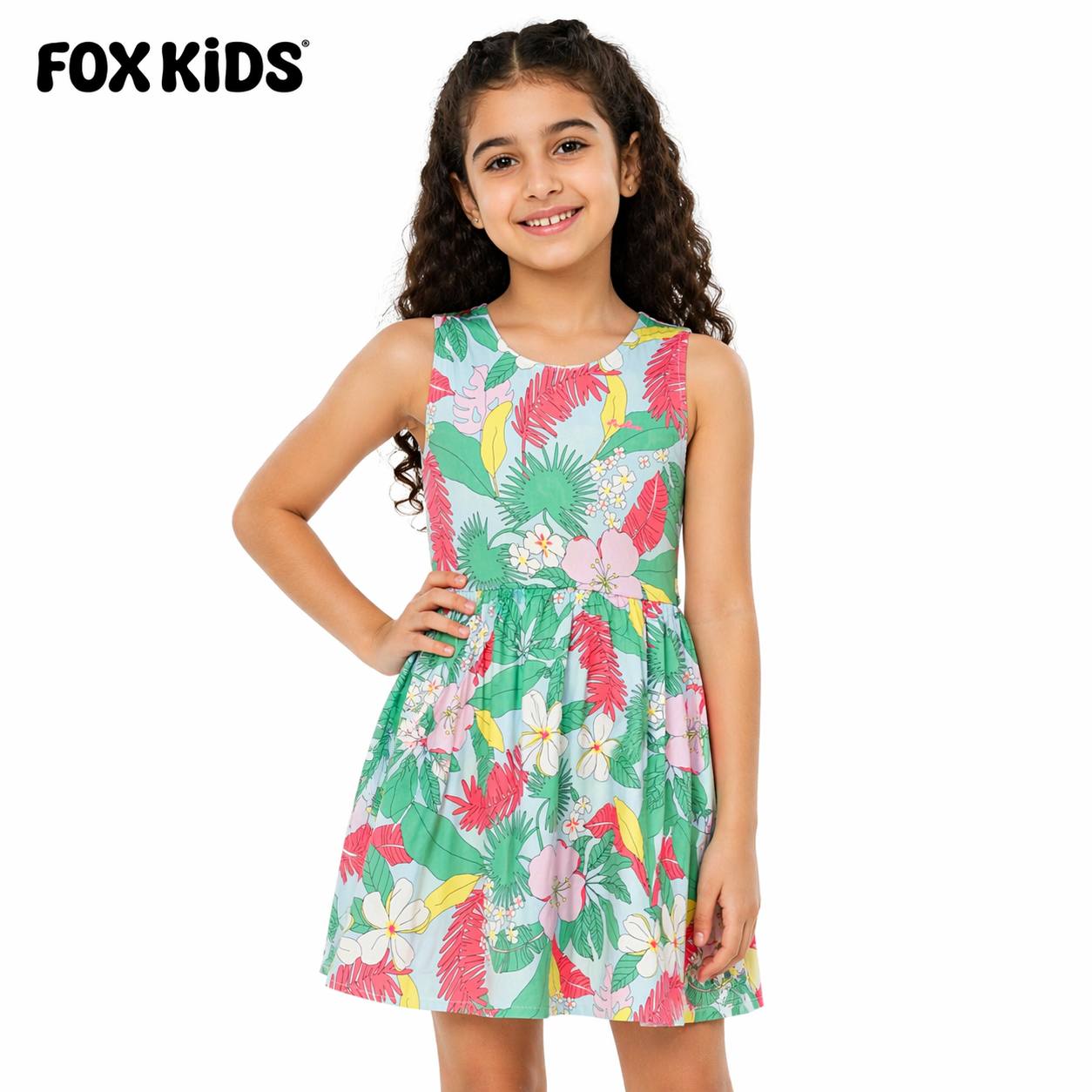 Pink girls' dress by Fox Kids featuring a floral pattern and ruffled sleeves, perfect for casual or special occasions.