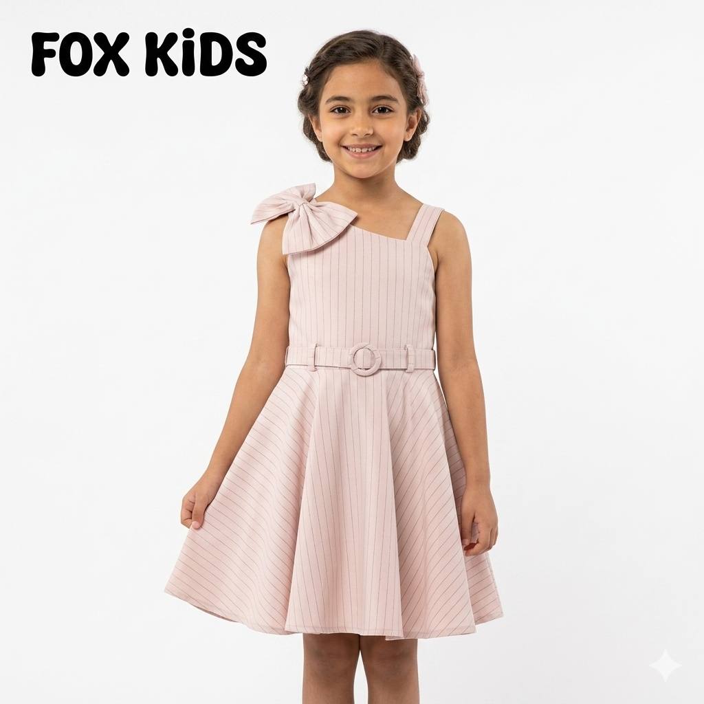 Pink girls' dress by Fox Kids with floral patterns and ruffled sleeves, perfect for casual or special occasions.