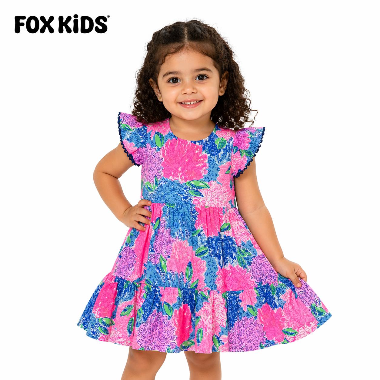 Pink floral girls' dress by Fox Kids featuring a colorful leafy pattern and a comfortable, stylish design.