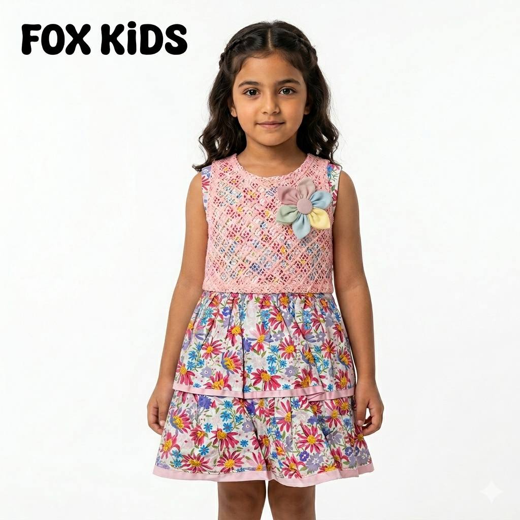 Cute pink girls' dress by Fox Kids featuring a floral pattern and ruffled sleeves, perfect for casual or special occasions.